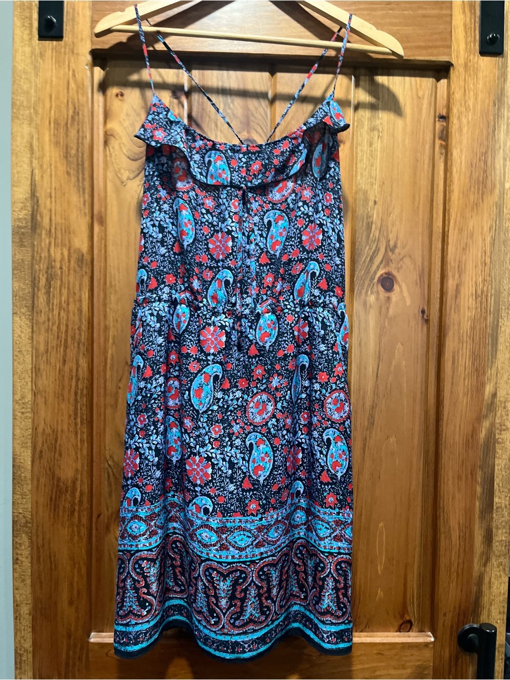 American Eagle Outfitters Navy Paisley Midi Dress with Teal & Red Accents